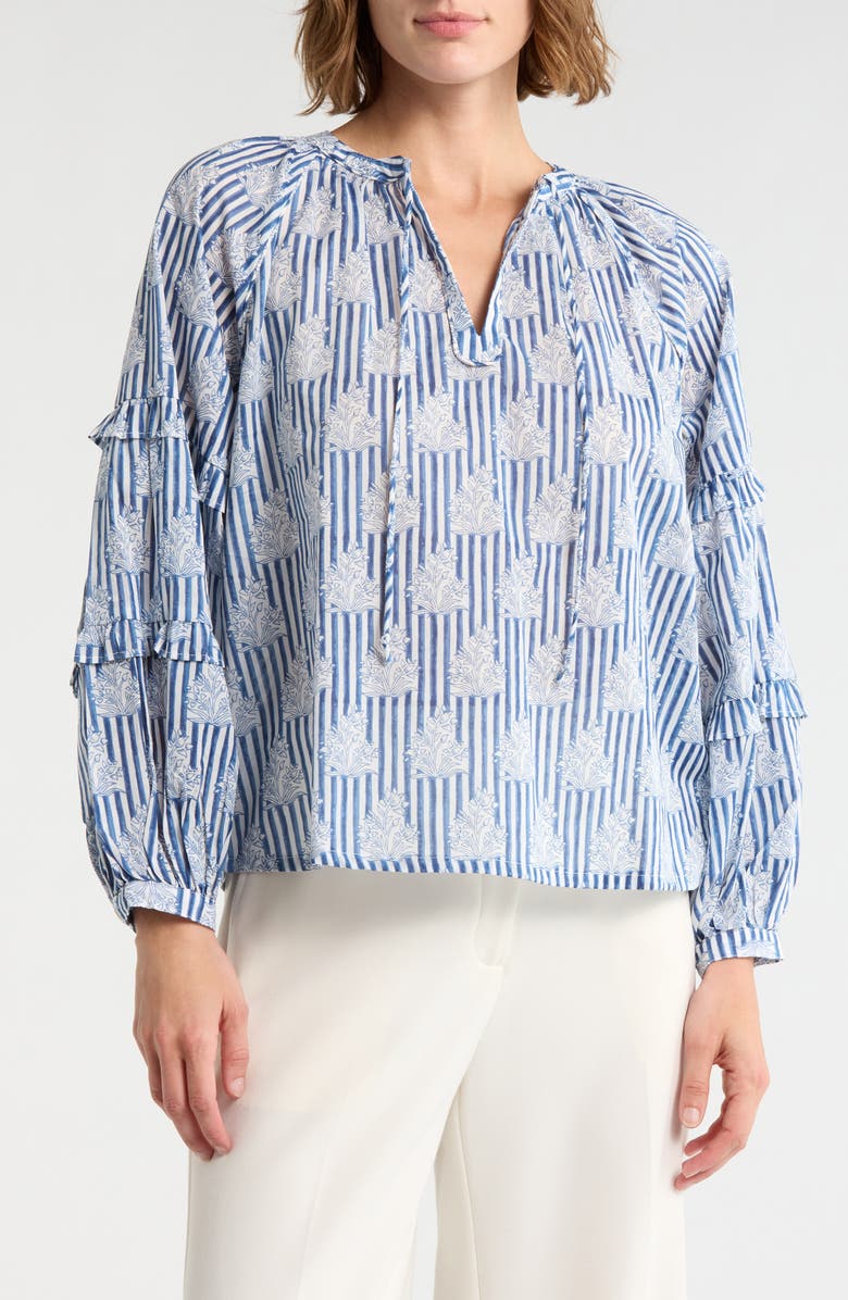 ELIE ELIE TAHARI Tie Keyhole Long Sleeve Top, Main, color, Blue Stripe Bushes