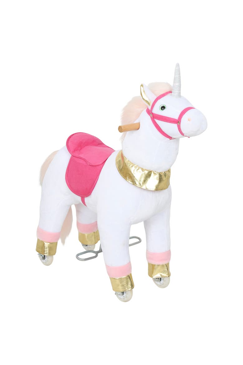 Ride on Unicorn Toy for Kids Plush Baby Rocking Horse Mechanical Walking Animal with Wheels No Batteries Required, Main, color, White