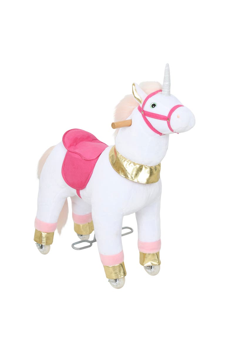 Qaba Ride on Unicorn Toy for Kids Plush Baby Rocking Horse Mechanical Walking Animal with Wheels No Batteries Required, Main, color, White