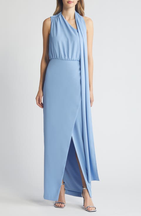 Fantasia Neck Scarf One-Shoulder Column Gown