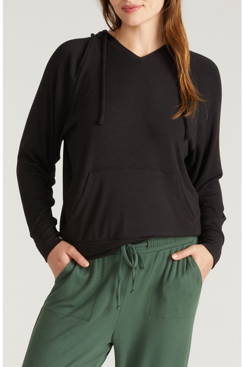 Travel Knit V-Neck Hoodie, Main, color, BLACK