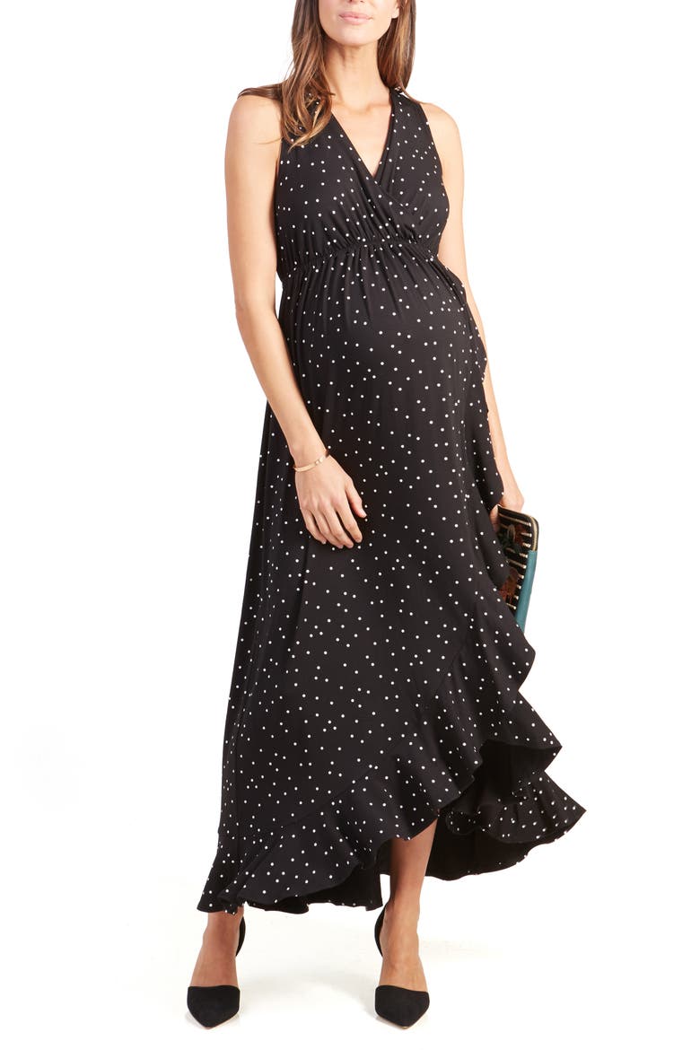 Ingrid & Isabel® Active Racerback Ruffle Maternity Maxi Dress, Main, color, BLACK POLKA DOT PRINT