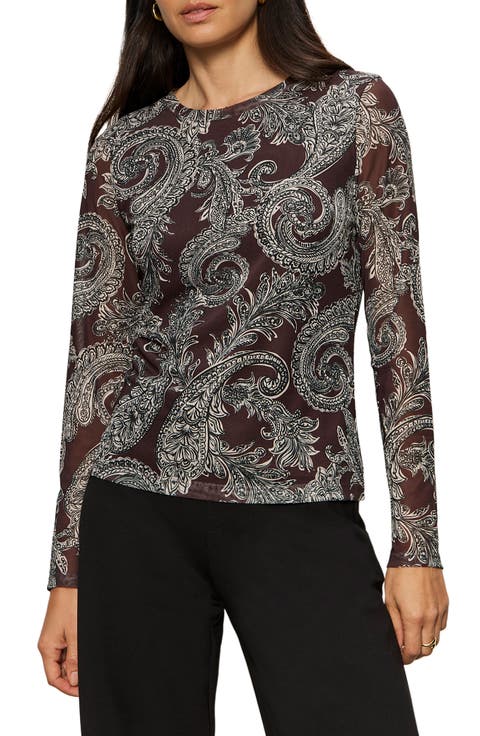 Floral Print Long Sleeve Mesh Top