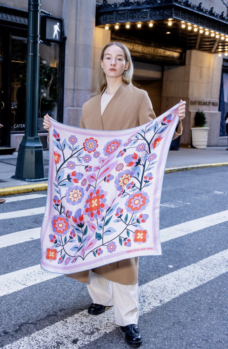 Jessie Zhao New York Double Sided Wool Silk Scarf Of Pink Garden, Alternate, color, Pink