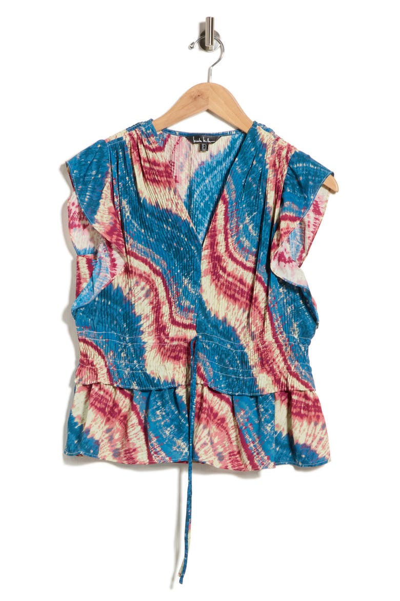 Tie Dye Cap Sleeve Peplum Top, Alternate, color, BLUES REDS
