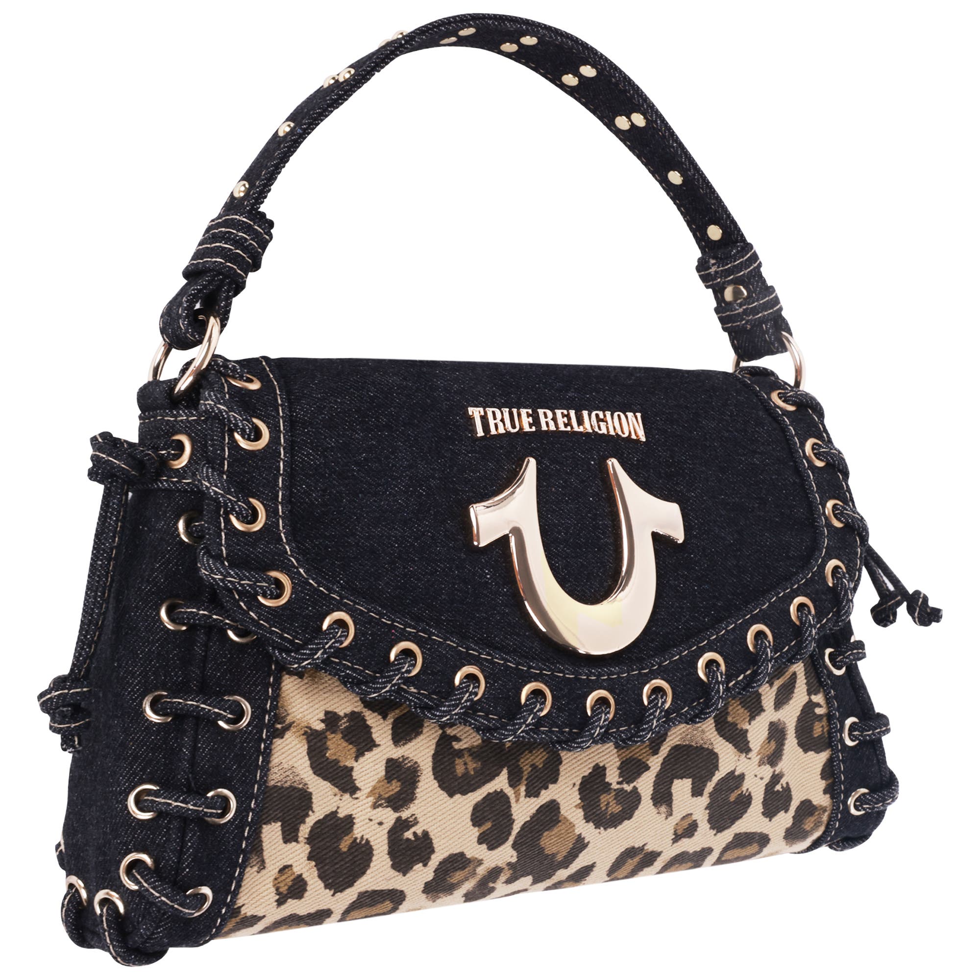 True Religion Denim Leopard Eyelet Trim Flap Bag, Alternate, color, Leopard/Black