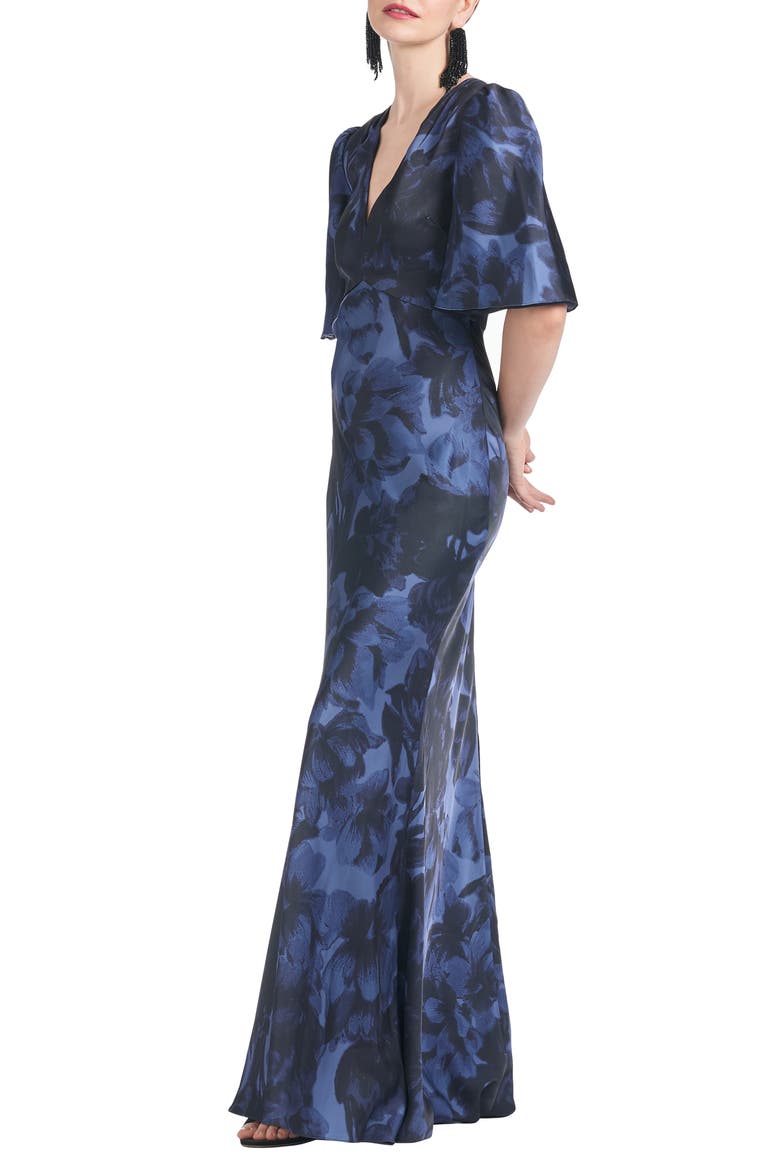 Mae Floral Print Satin Crepe Trumpet Gown, Alternate, color, DEEP OCEAN BOUQUET
