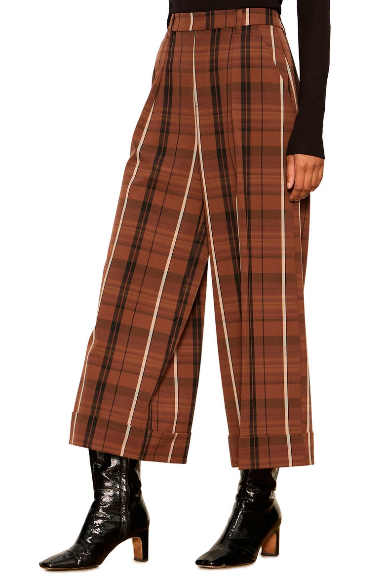 Terrace Plaid Crop Wide Leg Pants, Alternate, color, ELDER BROWN PLAID