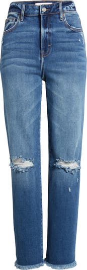 Ripped Frayed Hem Slim Straight Leg Jeans