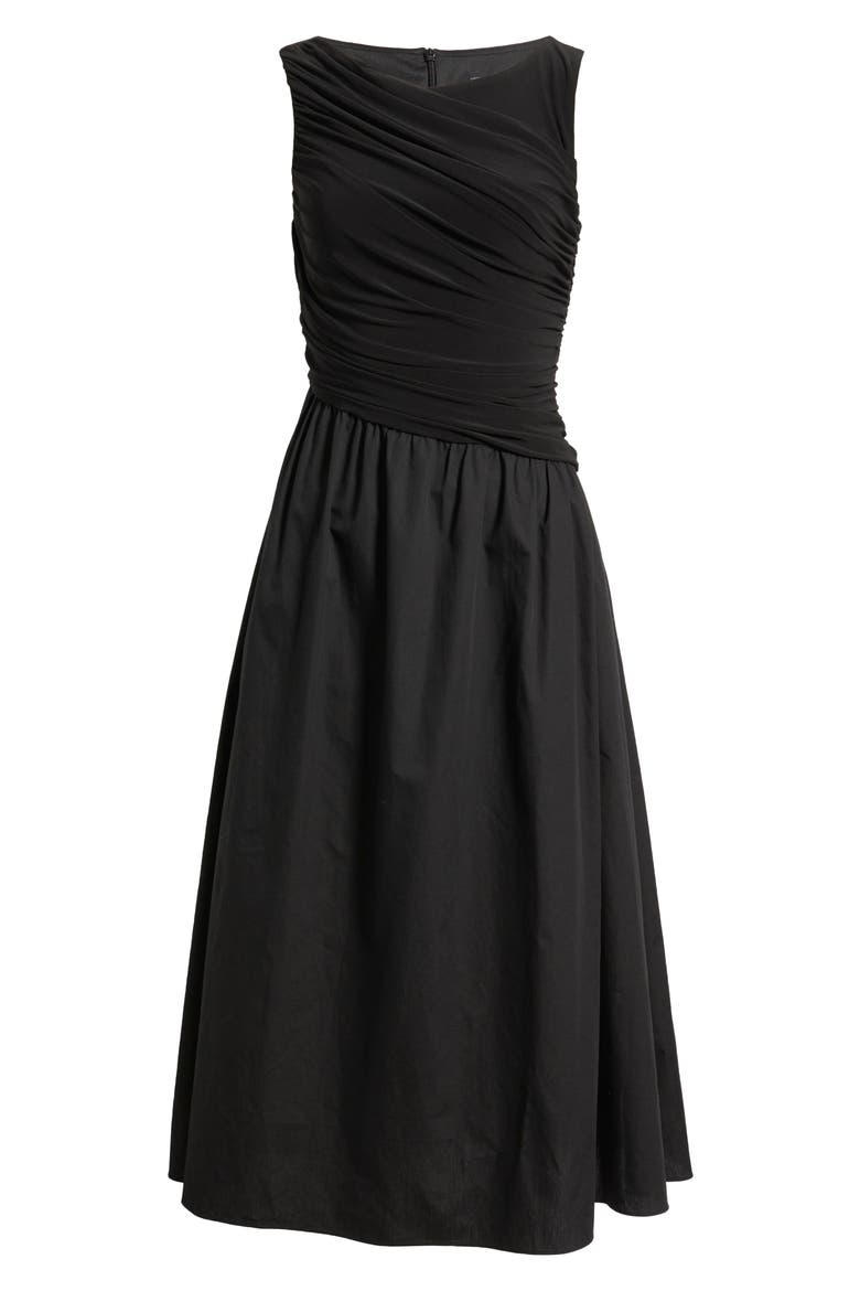 Ity Ruched Bodice Mixed Media Midi Dress, Alternate, color, BLACK