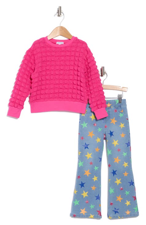 Kids' Popcorn Sweater & Flare Denim Knit Pants Set (Little Kid)