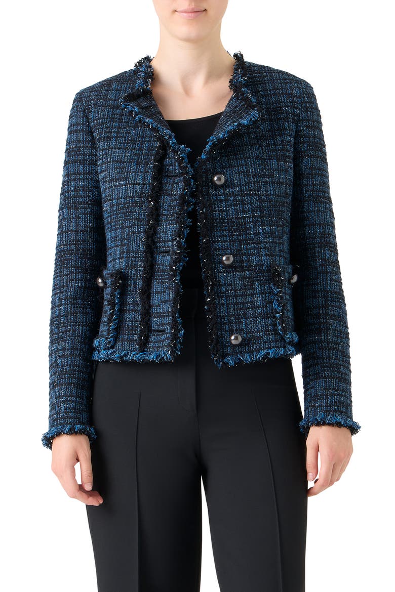 Fringed Mixed Tweed Jacket, Main, color, MEDIUM BLUE DENIM-BLACK