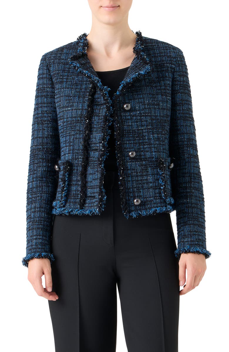 Akris punto Fringed Mixed Tweed Jacket, Main, color, Medium Blue Denim-Black
