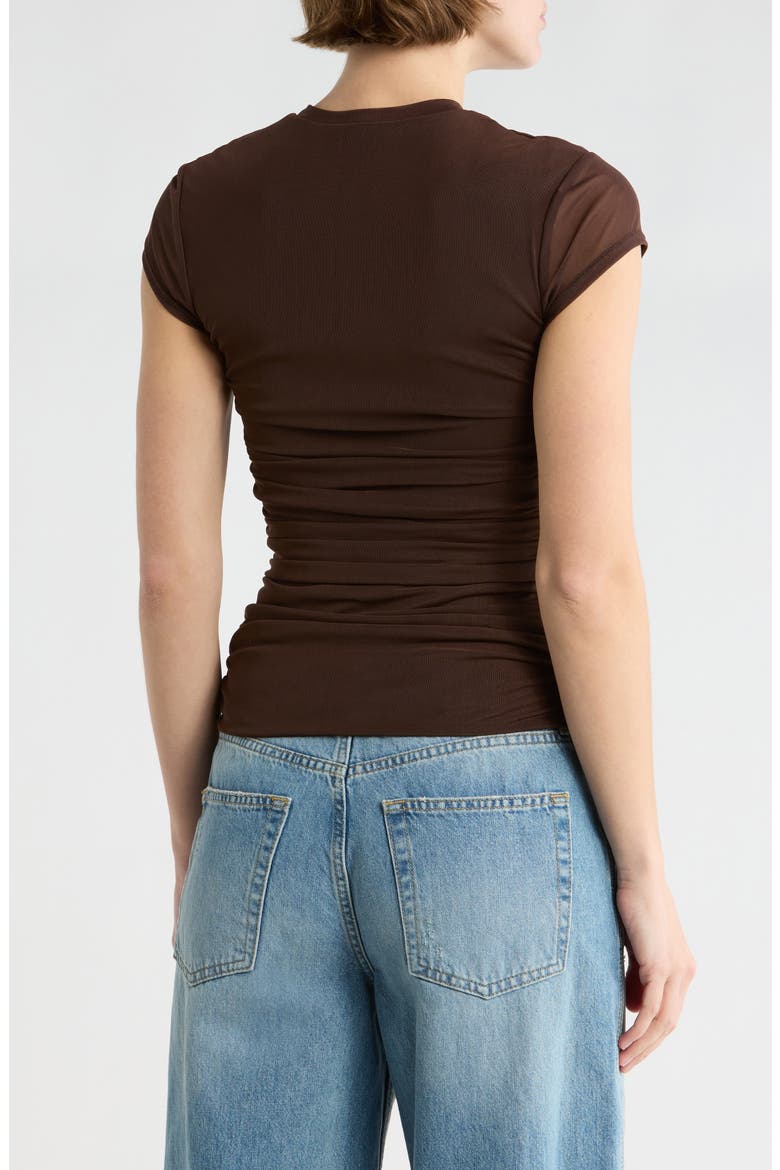 Lacey Cap Sleeve Ruched Mesh Top, Alternate, color, JAVA