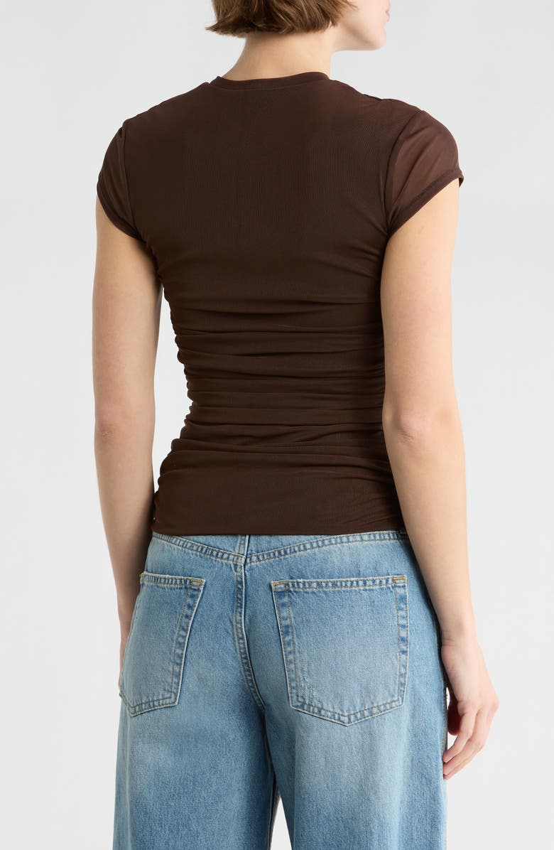 AFRM LOS ANGELES Lacey Cap Sleeve Ruched Mesh Top, Alternate, color, Java