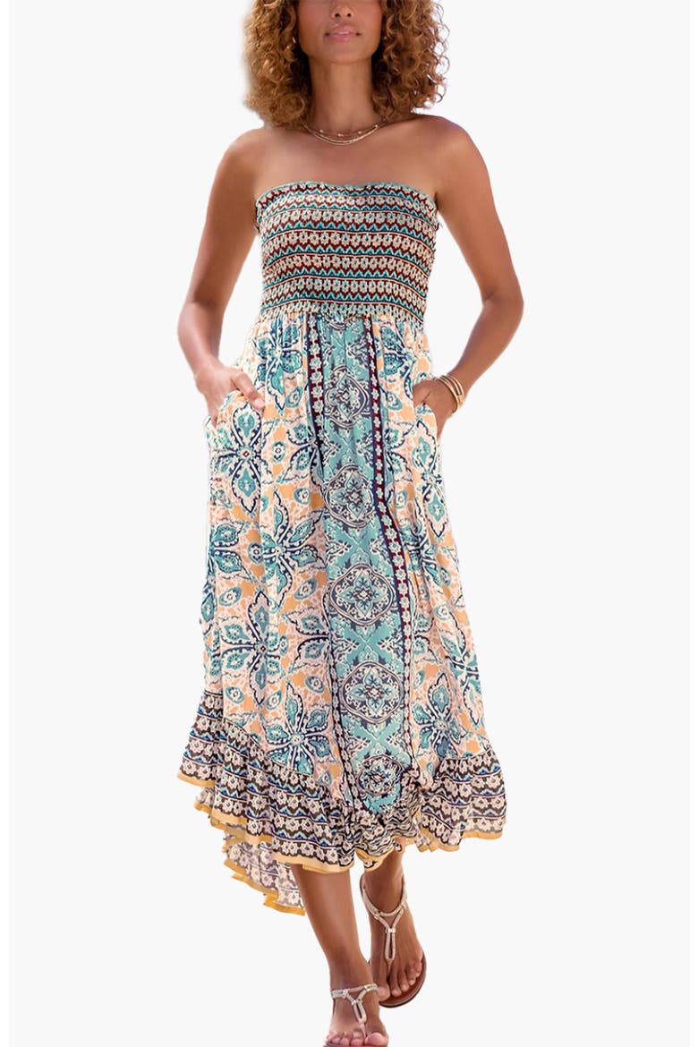 Smocked Bodice Printed Dress, Main, color, Blue Multi