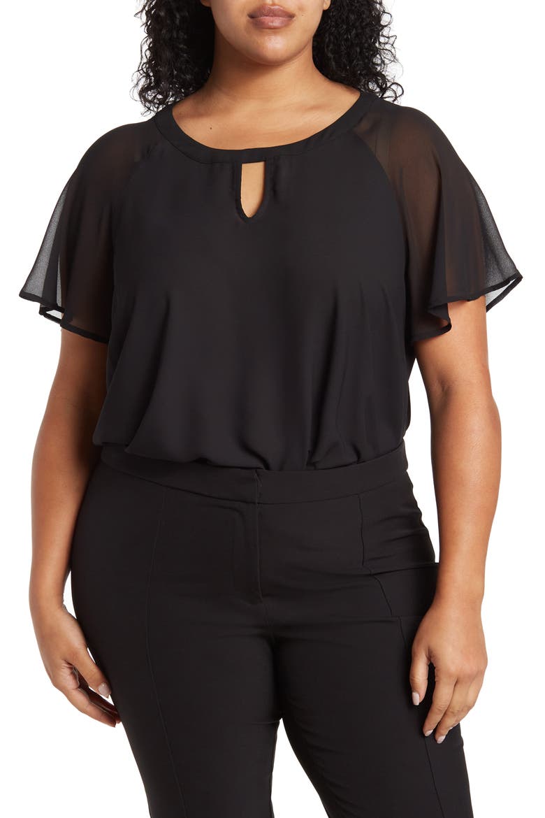 Crewneck Sheer Raglan Top, Main, color, BLACK
