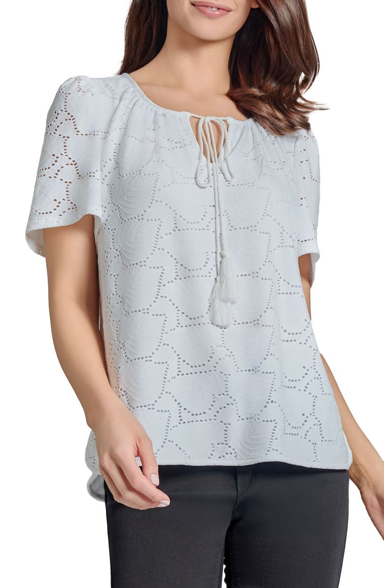 Jones New York Eyelet Embroidered Tie Neck Top, Main, color, 