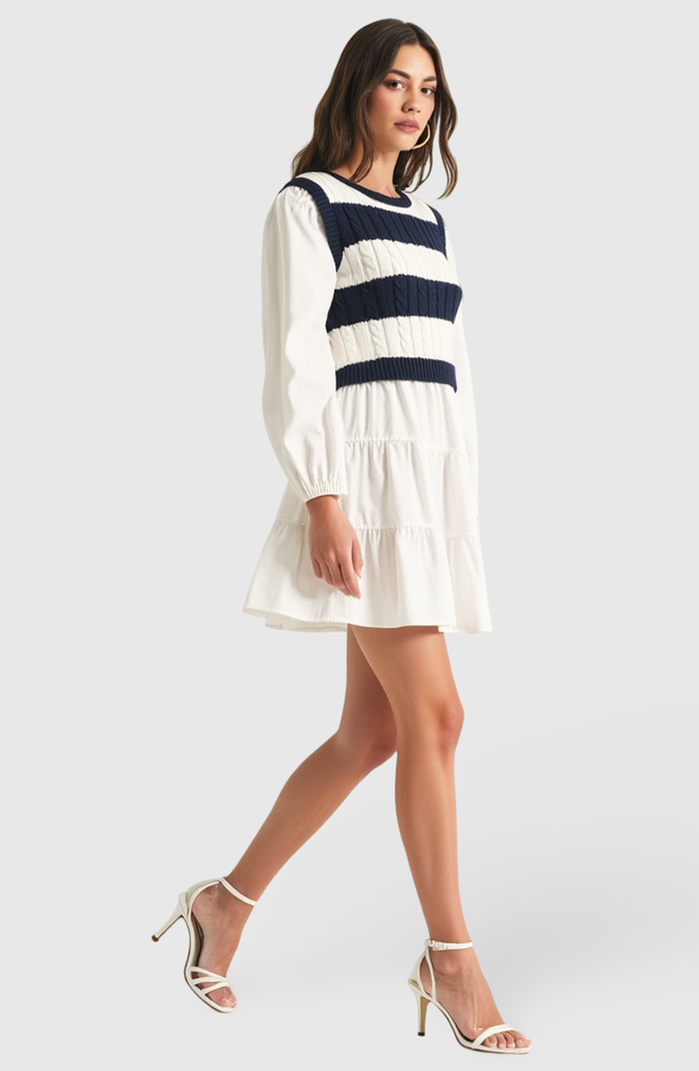 Modenaire Tiered Long Sleeve Mini Dress with Striped Knit Sweater Overlay, Alternate, color, 