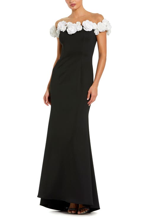 Mac Duggal Stretch Crepe Mermaid Gown With 3d Flowers In Black Cream