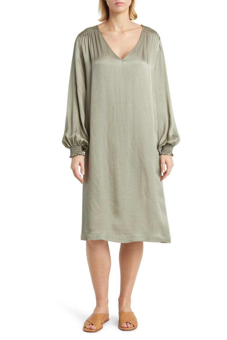 Nadiya Smocked Long Sleeve Satin Shift Dress, Main, color, VETIVER