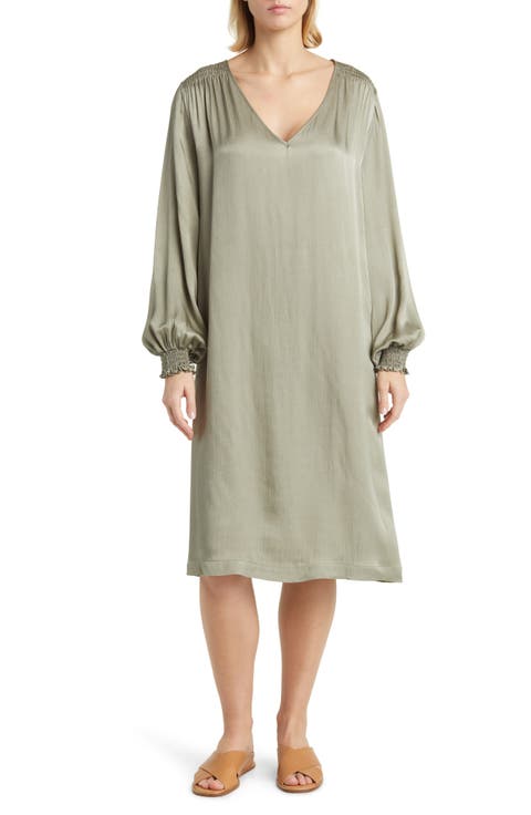 Nadiya Smocked Long Sleeve Satin Shift Dress