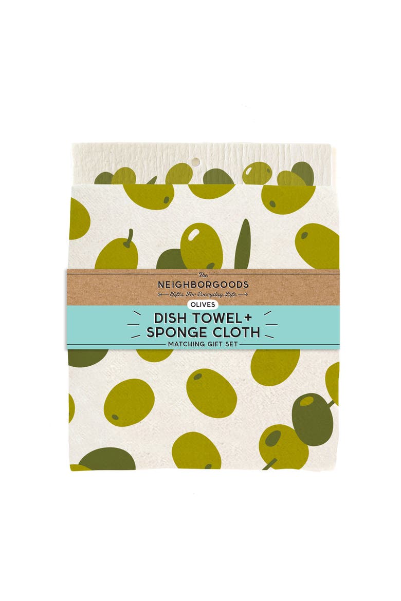 Olive Dish Towel + Sponge Cloth Gift Set, Alternate, color, Green
