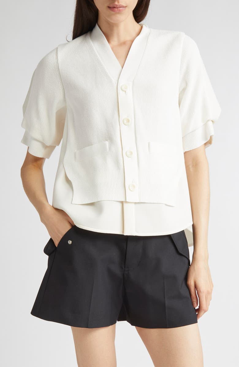 Sacai Suiting Mixed Media Cardigan, Main, color, Off White