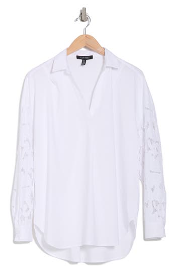 Ellen Tracy Embroidered Eyelet Long Sleeve Poplin Tunic Top In White