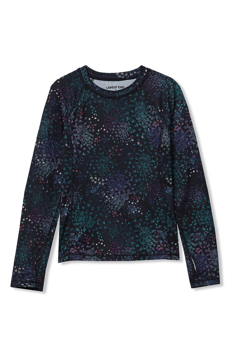Lands' End Girls Thermal Base Layer Long Underwear Thermaskin Crew Neck Shirt, Main, color, Black Starburst Floral