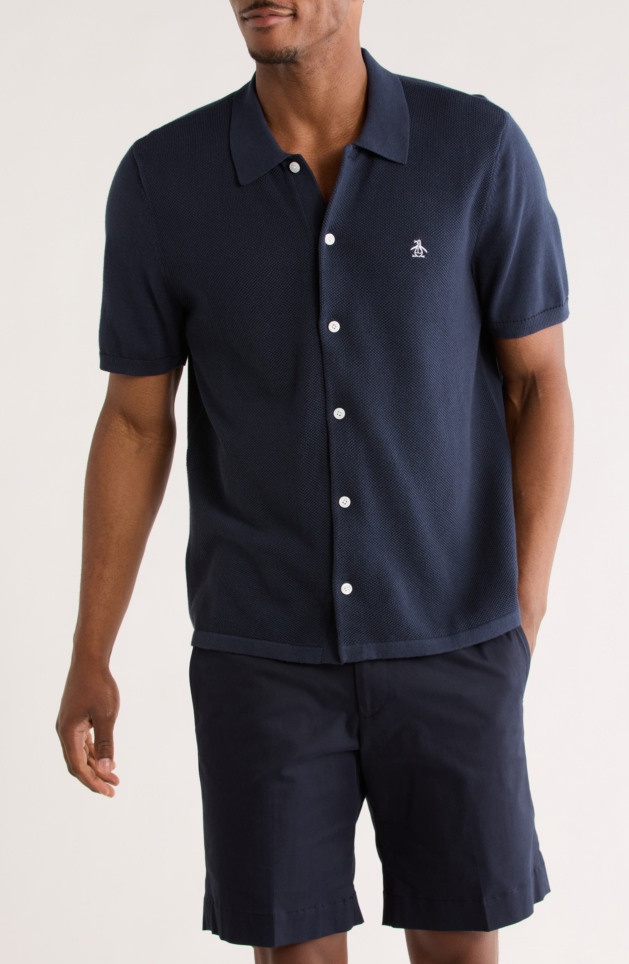 Honeycomb Short Sleeve Cotton Piqué Button-Up Shirt