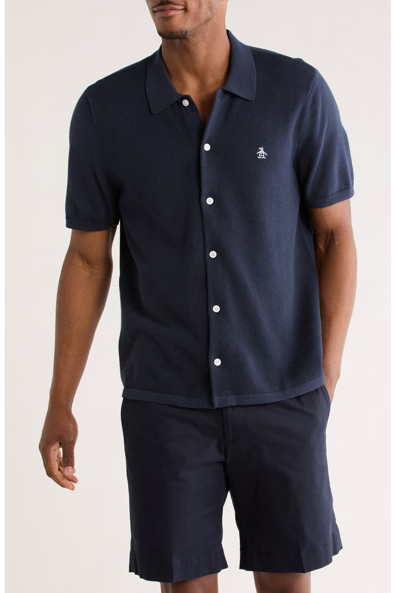Honeycomb Short Sleeve Cotton Piqué Button-Up Shirt, Main, color, DARK SAPPHIRE
