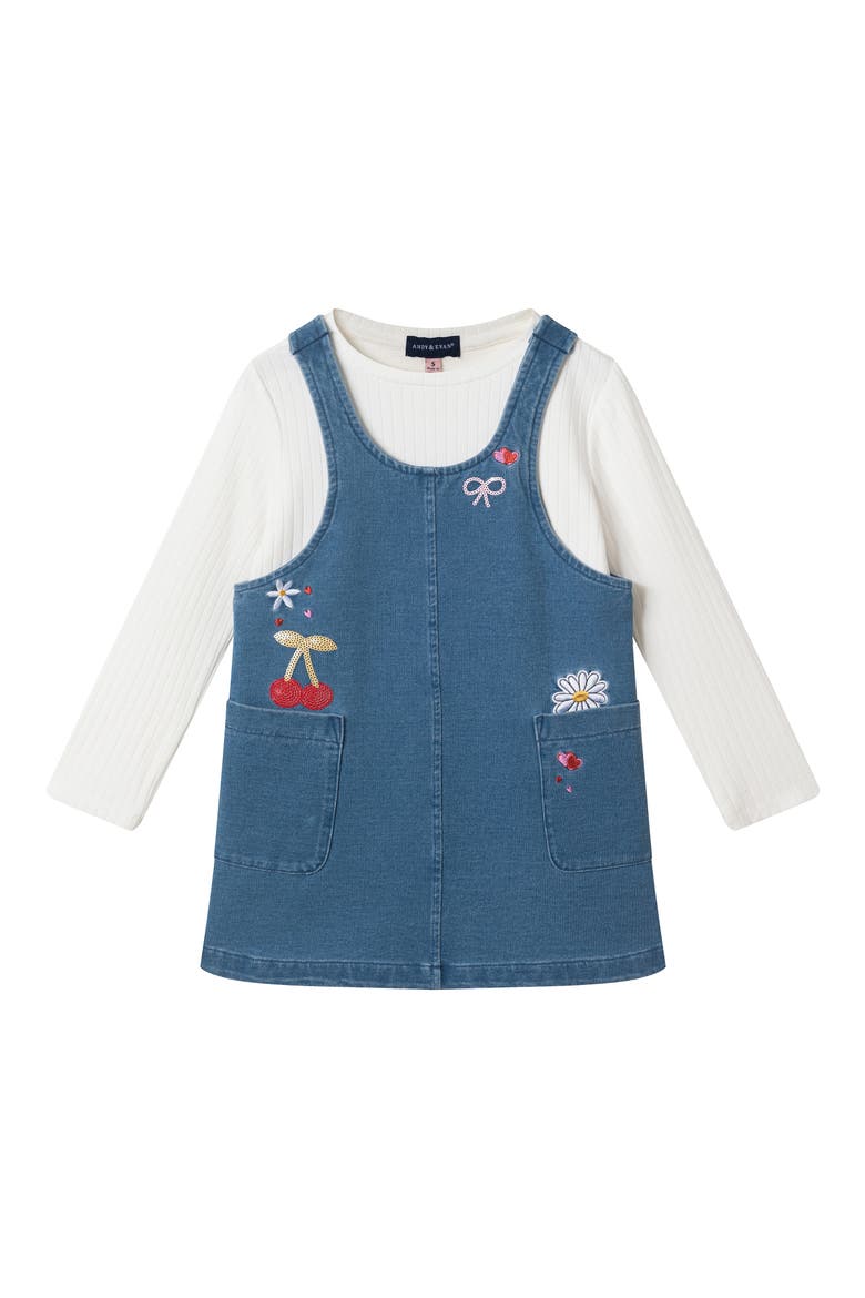 Kids' Embroidered Denim Jumper & Tee Set, Main, color, BLUE DENIM
