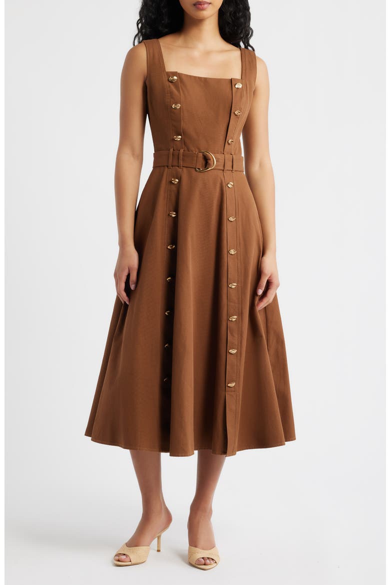 Belted Fit & Flare Cotton Midi Dress, Main, color, BROWN
