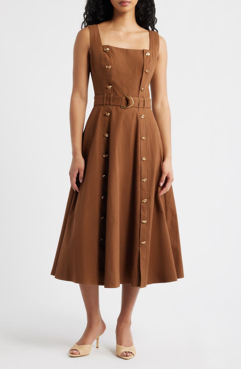 FREEMARKET Belted Fit & Flare Cotton Midi Dress, Main, color, Brown