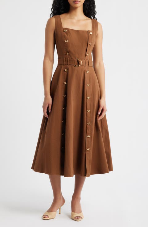 Belted Fit & Flare Cotton Midi Dress