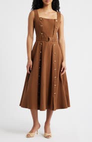 FREEMARKET Belted Fit & Flare Cotton Midi Dress