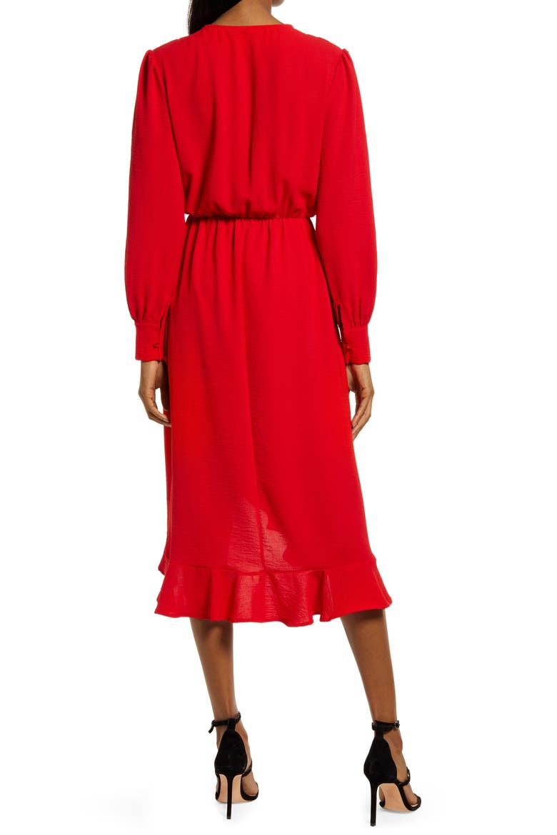 Faux Wrap Ruffle Long Sleeve Dress, Alternate, color, RED