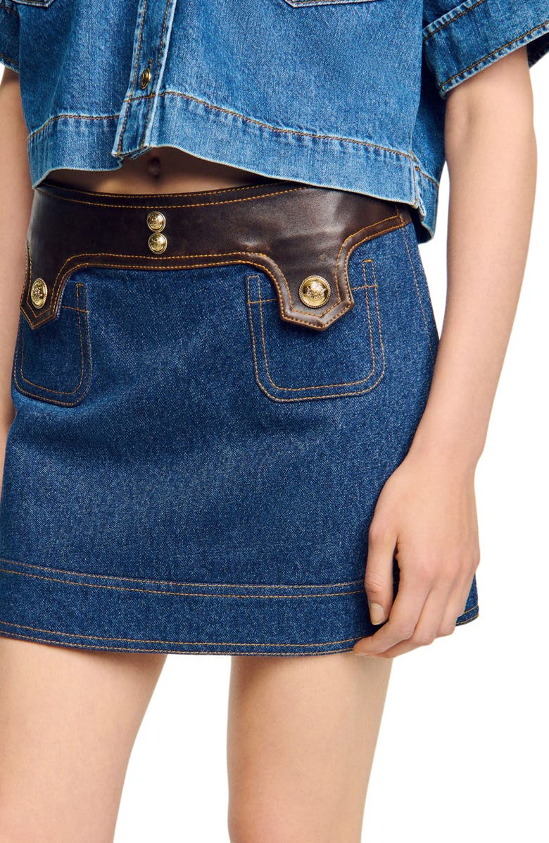 SANDRO Short denim and leather skirt, Alternate, color, Dark Blue
