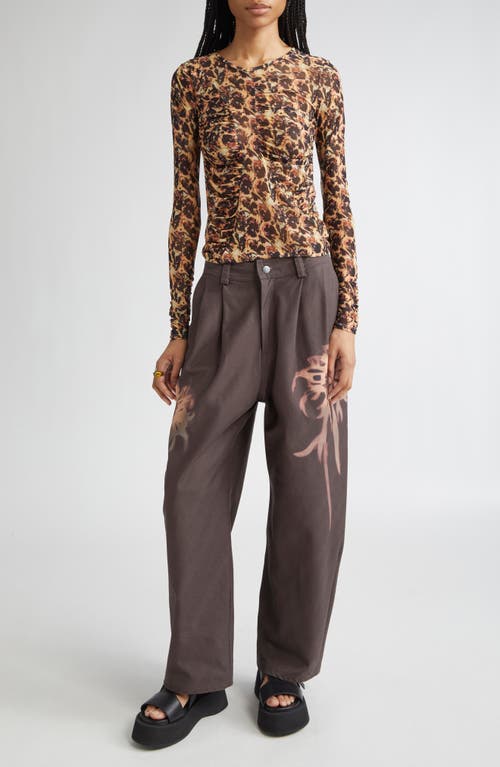 Collina Strada Serpentine Leopard Floral Long Sleeve Mesh Top In Brown