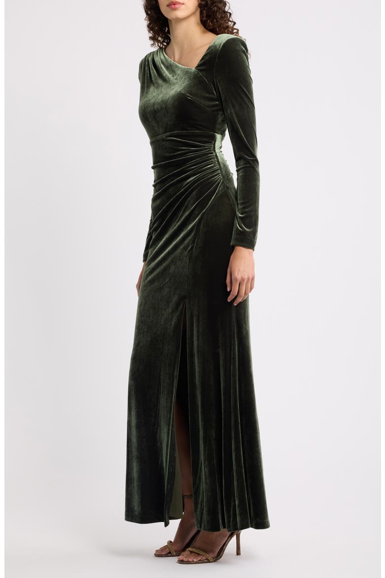 Ruched Velvet Long Sleeve Gown, Alternate, color, OLIVE