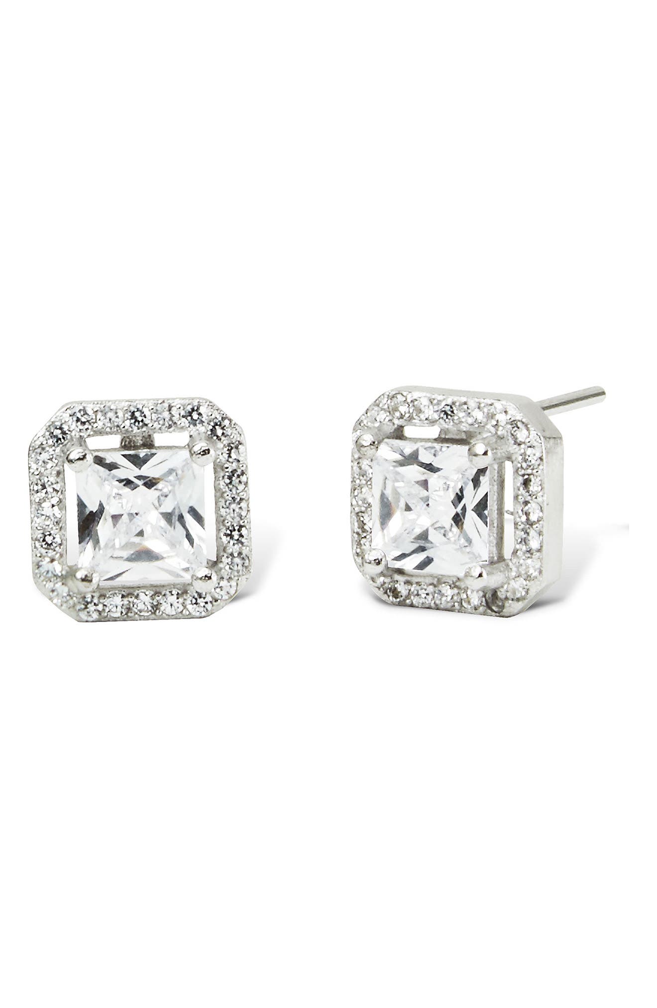 SAVVY CIE JEWELS Sterling Silver Asher Cut Halo CZ Stud Earrings