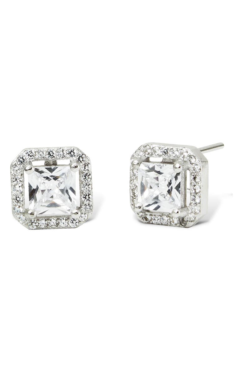SAVVY CIE JEWELS Sterling Silver Asher Cut Halo CZ Stud Earrings, Main, color, White