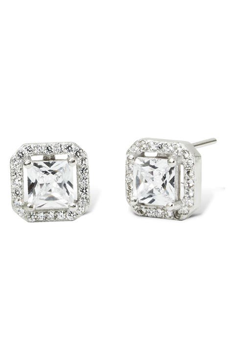 Sterling Silver Asher Cut Halo CZ Stud Earrings