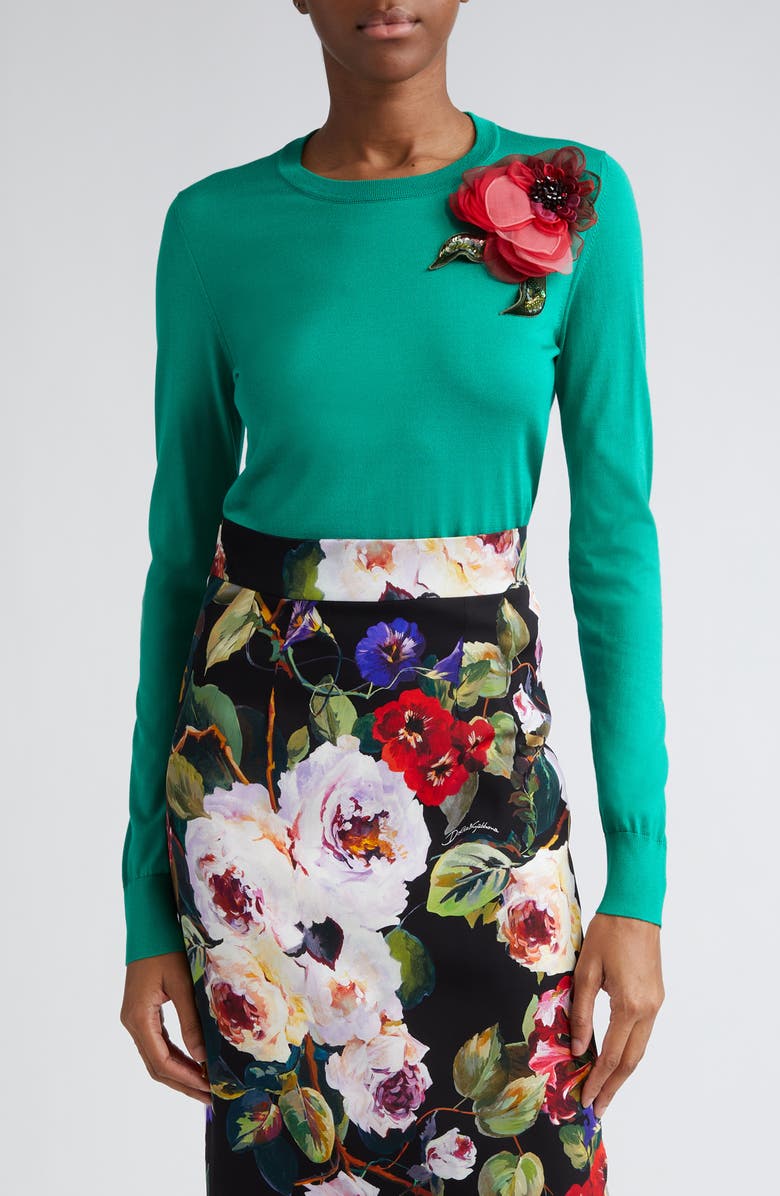 Dolce&Gabbana Rose Detail Silk Crewneck Sweater, Main, color,