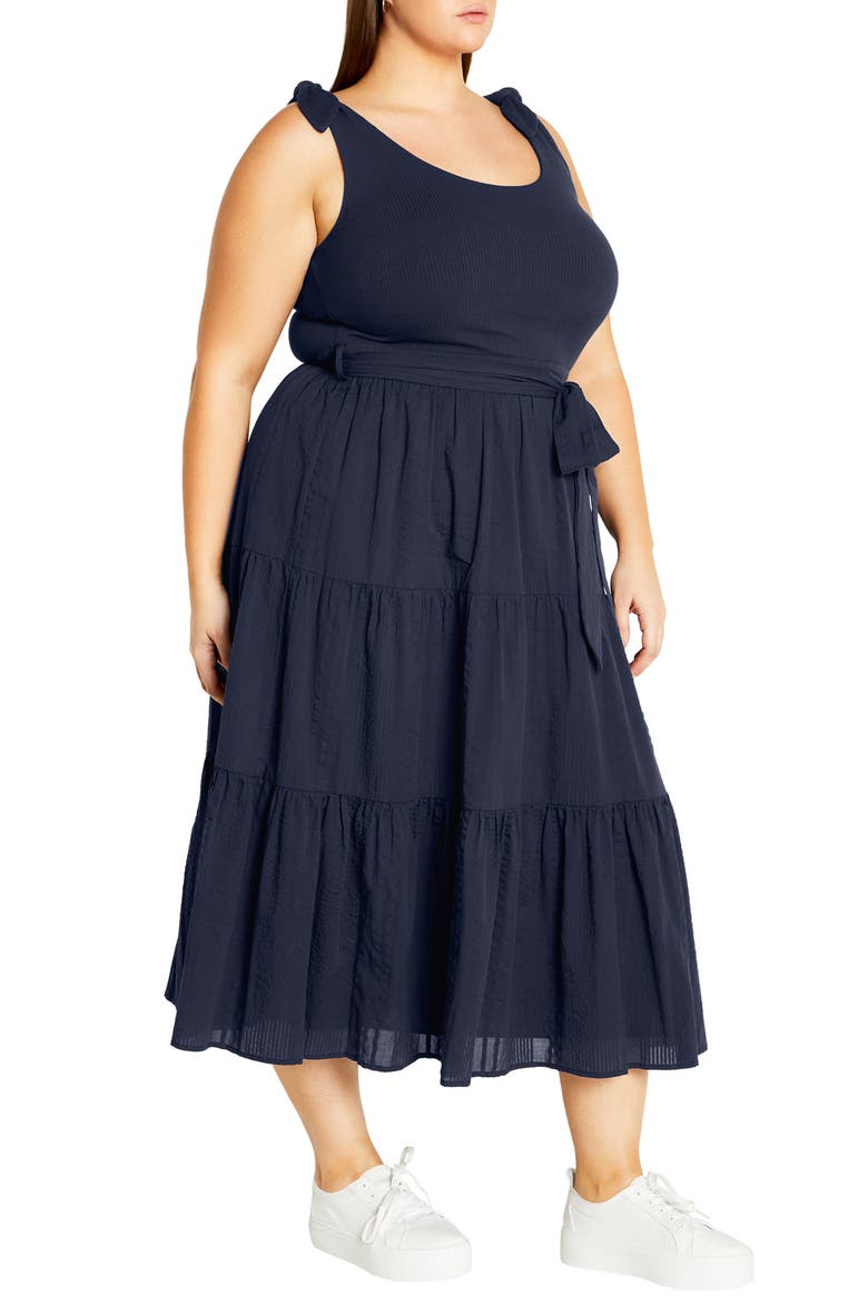 Hallie Mixed Media Tiered Midi Dress, Alternate, color, NAVY