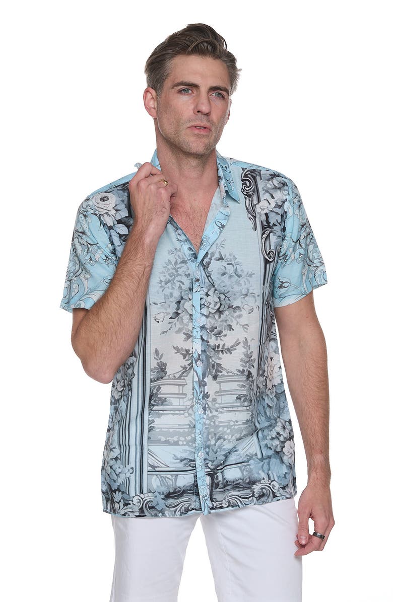 RANEES Extra Trim Fit Print Linen & Cotton Camp Shirt, Alternate, color, Light Blue