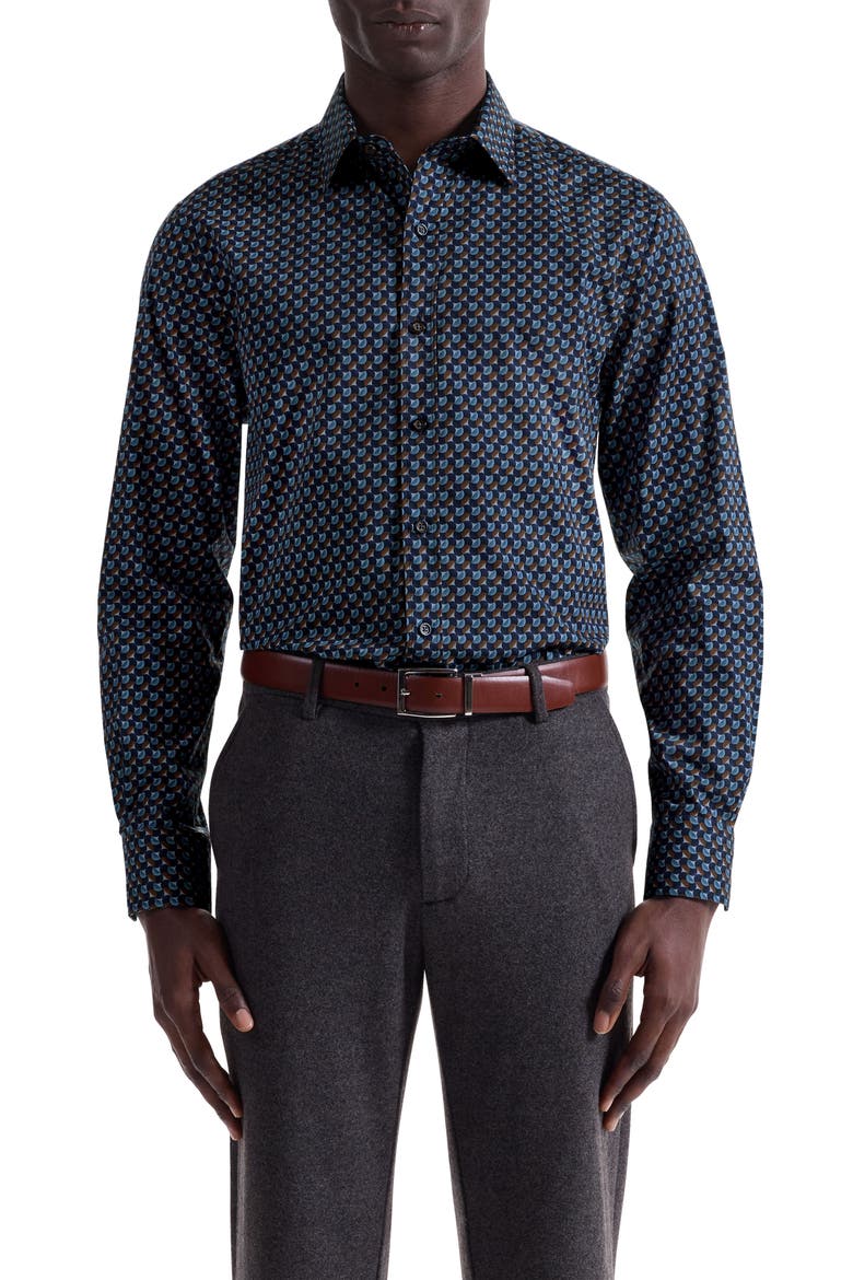 Julian Shaped Fit Geo Print Stretch Cotton Button-Up Shirt, Main, color, TEAL