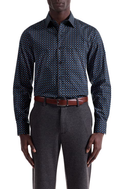 Julian Shaped Fit Geo Print Stretch Cotton Button-Up Shirt