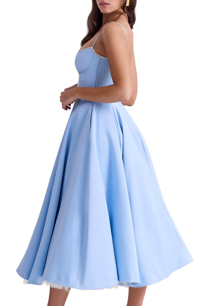 Mademoiselle Bustier Stretch Satin Midi Dress, Alternate, color, CINDERELLA BLUE